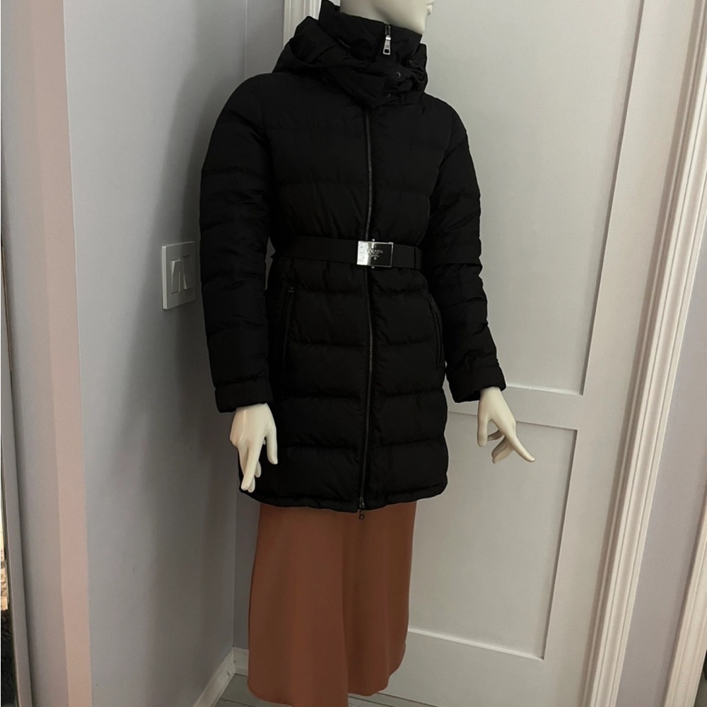 Prada Black Puffer Jacket with logo belt